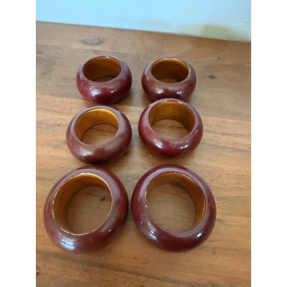 Vintage Napkin Rings Burgundy Wooden Set 6pc Decor Kitchen Dinning